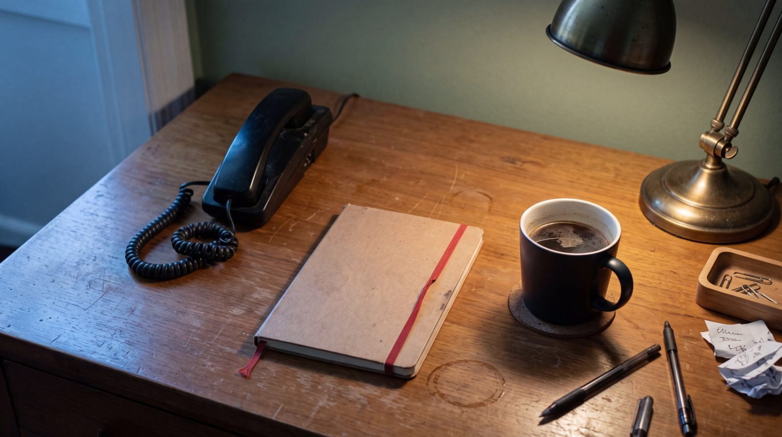 A desk at night: a corded telephone, a closed notebook and a cooling cup of coffee under a lamp.